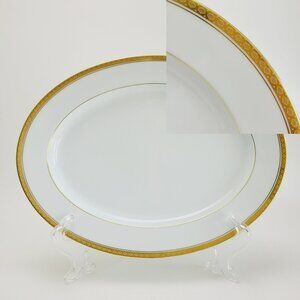 Noritake Richmond 13" Oval Platter White Base Gold Etched Band Elegant Dining